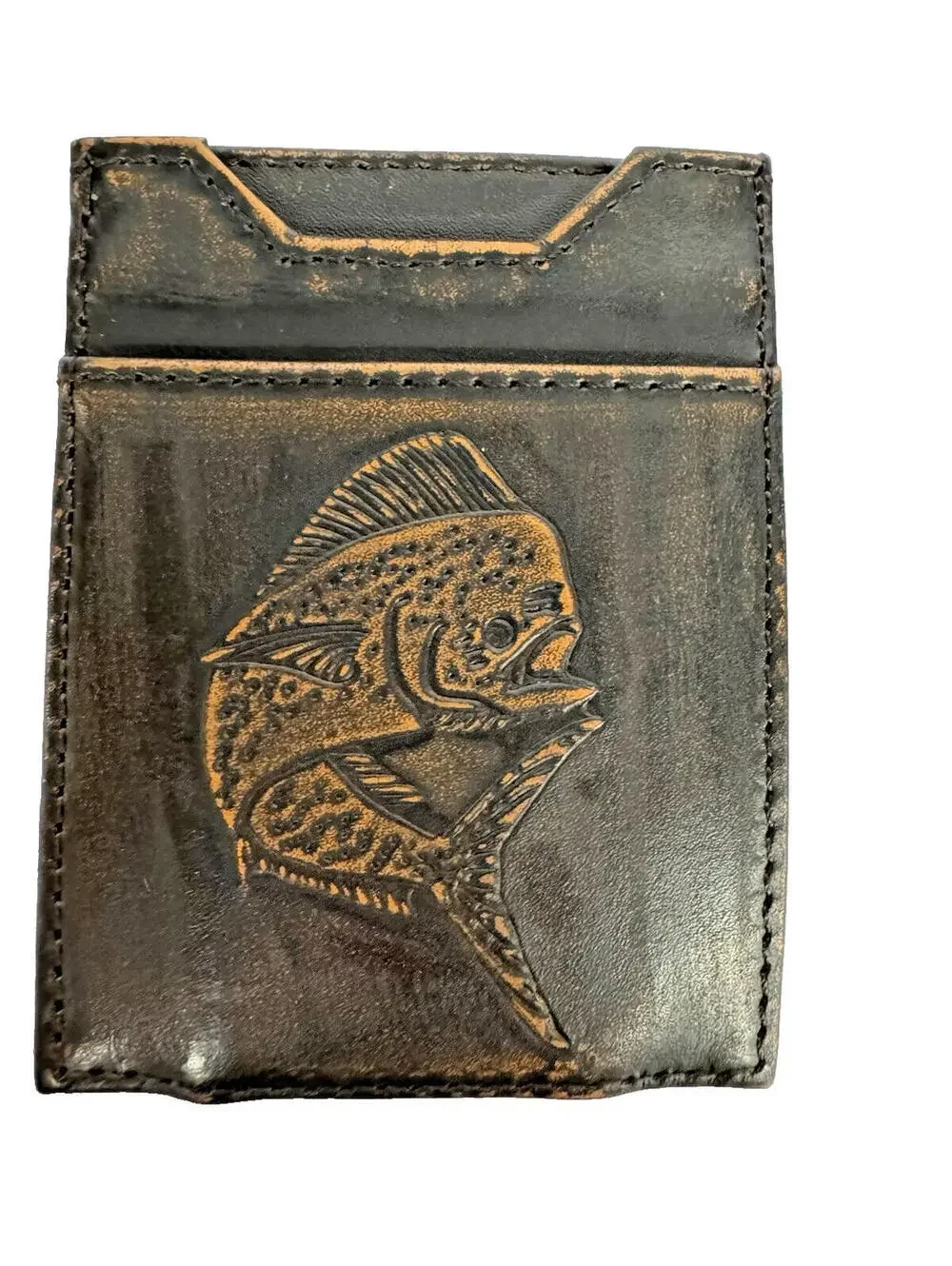 (RB) Handmade Leather Money Clip Wallet Fish Mahi Embossed Card Men's Slim